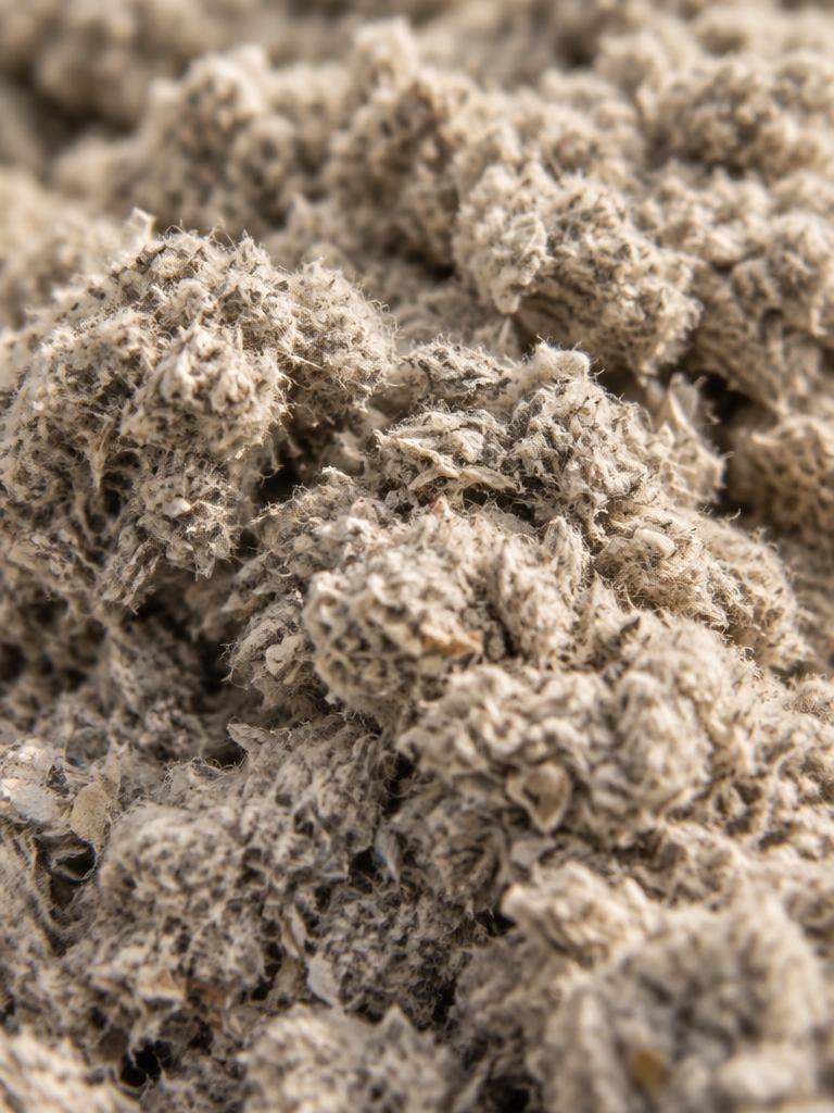 Kartonwol: losse grijs-beige inblaasvezel van gerecycled karton